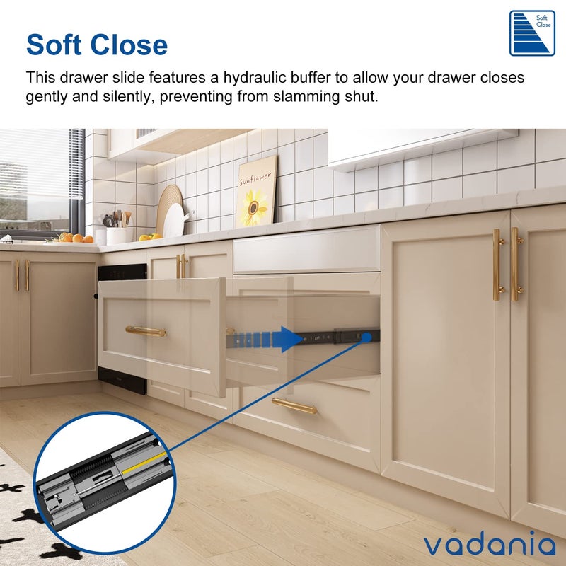 VADANIA 16" Soft Close Drawer Slide, #VK1245, 3-Fold Full Extension, Self Silent Closing, Heavy Duty 100lb Load Capacity, Ball Bearing, Side Mount, Black, 1-Pair - Image 2